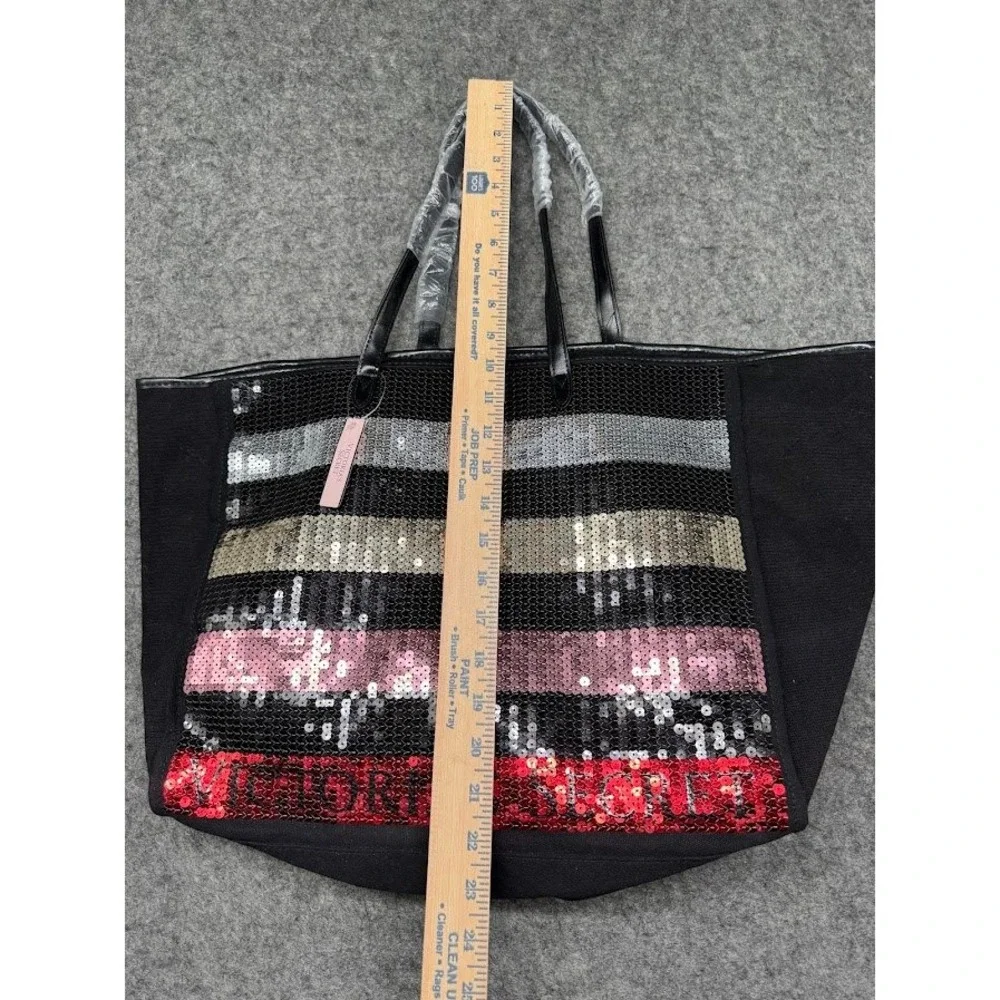 Victoria's Secret Sequin Stripe Canvas Tote Bag Black Multi Color Large NEW
